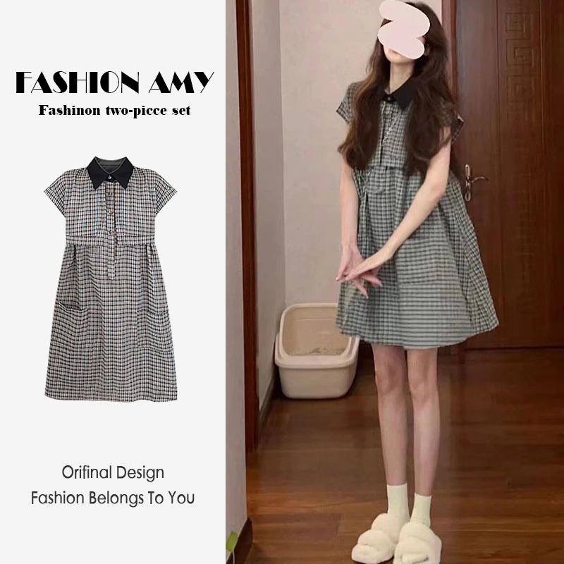 孕妇连衣裙夏装新款2025时尚法式小个子POLO领格子衬衫薄款A字裙1