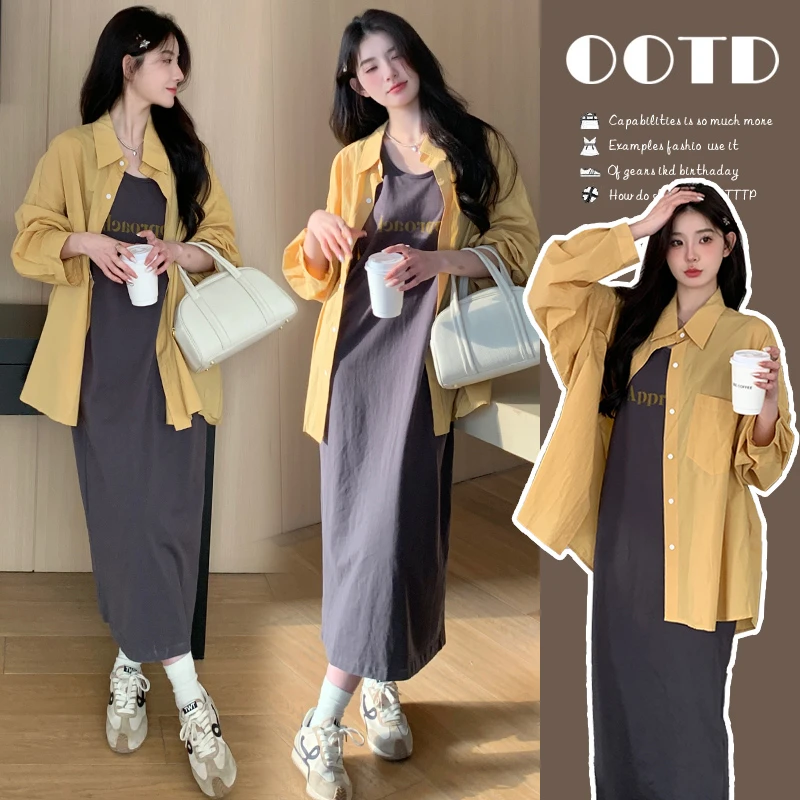 孕妇装连衣裙春装新款时尚韩版宽松慵懒风气质衬衫显瘦字母背心裙