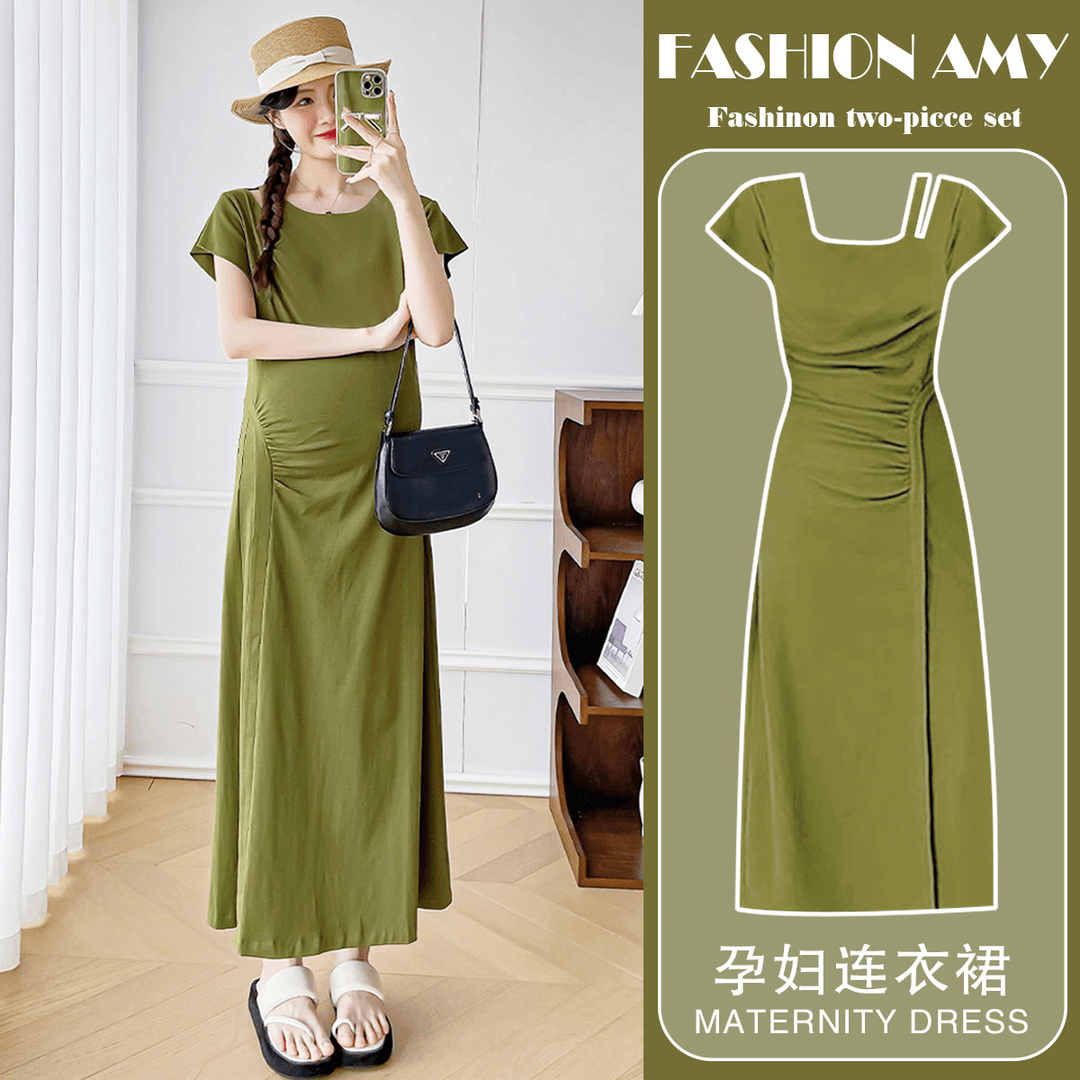 孕妇连衣裙夏季新款2024时尚韩版气质显瘦洋气辣妈短袖薄款开叉裙
