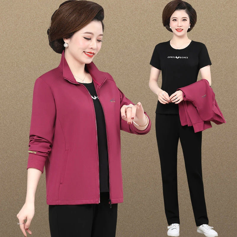 中老年春秋大码外套女早秋妈妈洋气三件套新款中年女士运动服套装