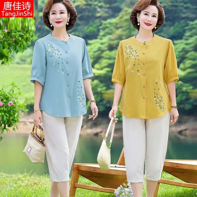 妈妈夏装短袖棉麻衬衣两件套2023新款时尚中老年女装洋气高档套装