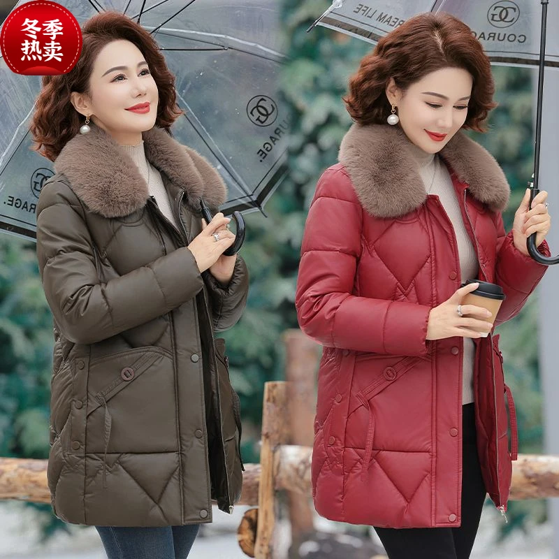 中年妈妈冬装羽绒棉服大毛领防水中老年女装棉袄中长款加厚上衣服