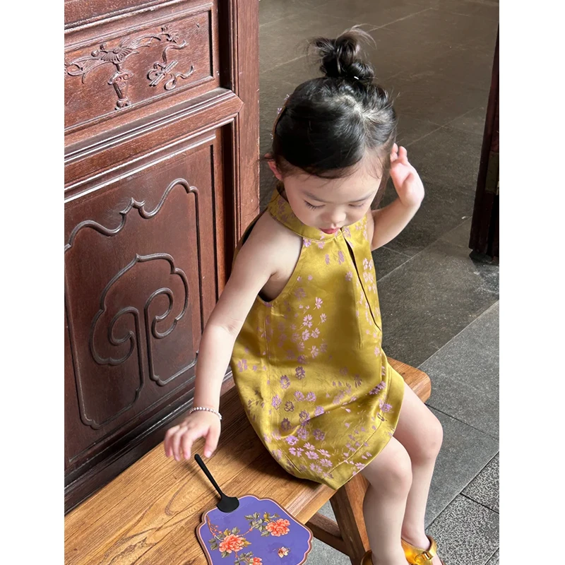 现货）壹妈女童新中式挂脖洋气吊带裙儿童夏季新款国风碎花连衣裙