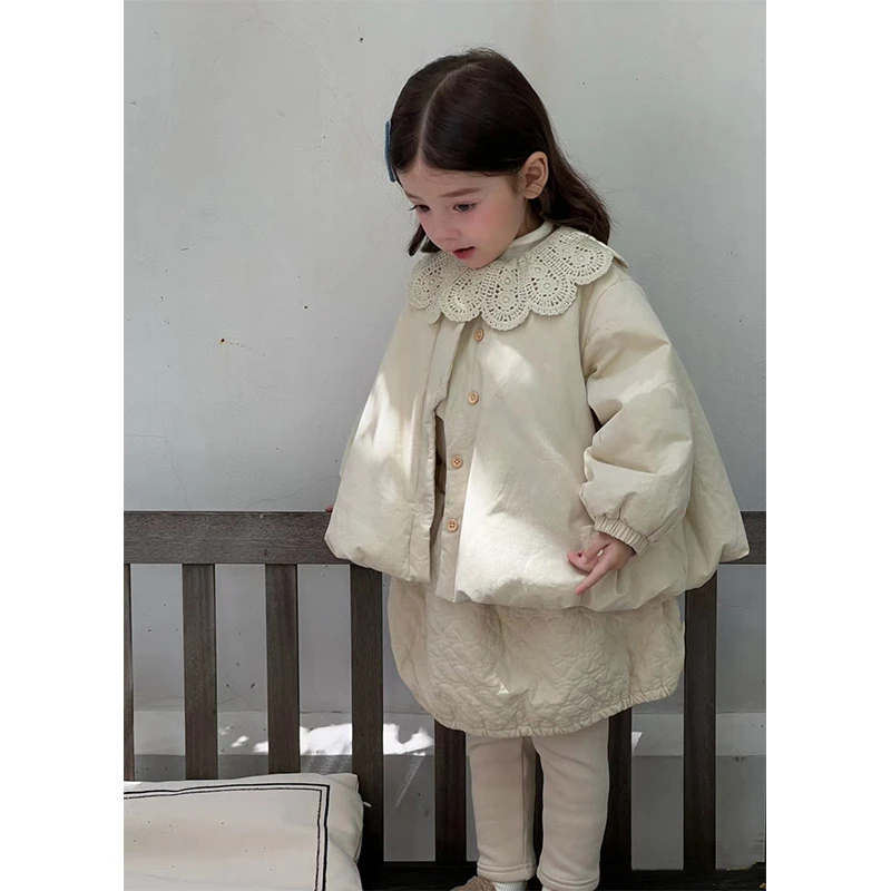 现货）韩版女童棉服冬装洋气蕾丝花边领外套半裙两件套