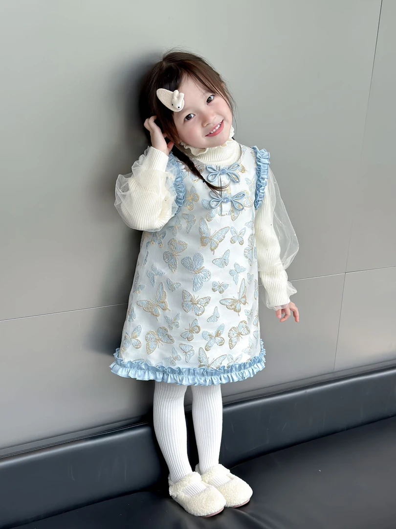 现货）壹妈童装新中式儿童2024秋冬季女童洋气甜美蓝色背心连衣裙