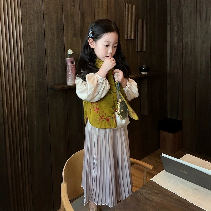 壹妈品质中国风2025童装女童秋季时尚百搭儿童马甲半裙衬衫套装