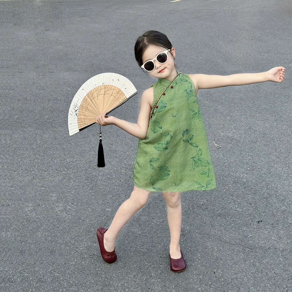 现货）壹妈夏季童装女童薄款镂空露背连衣裙新中式显白绿色女童裙