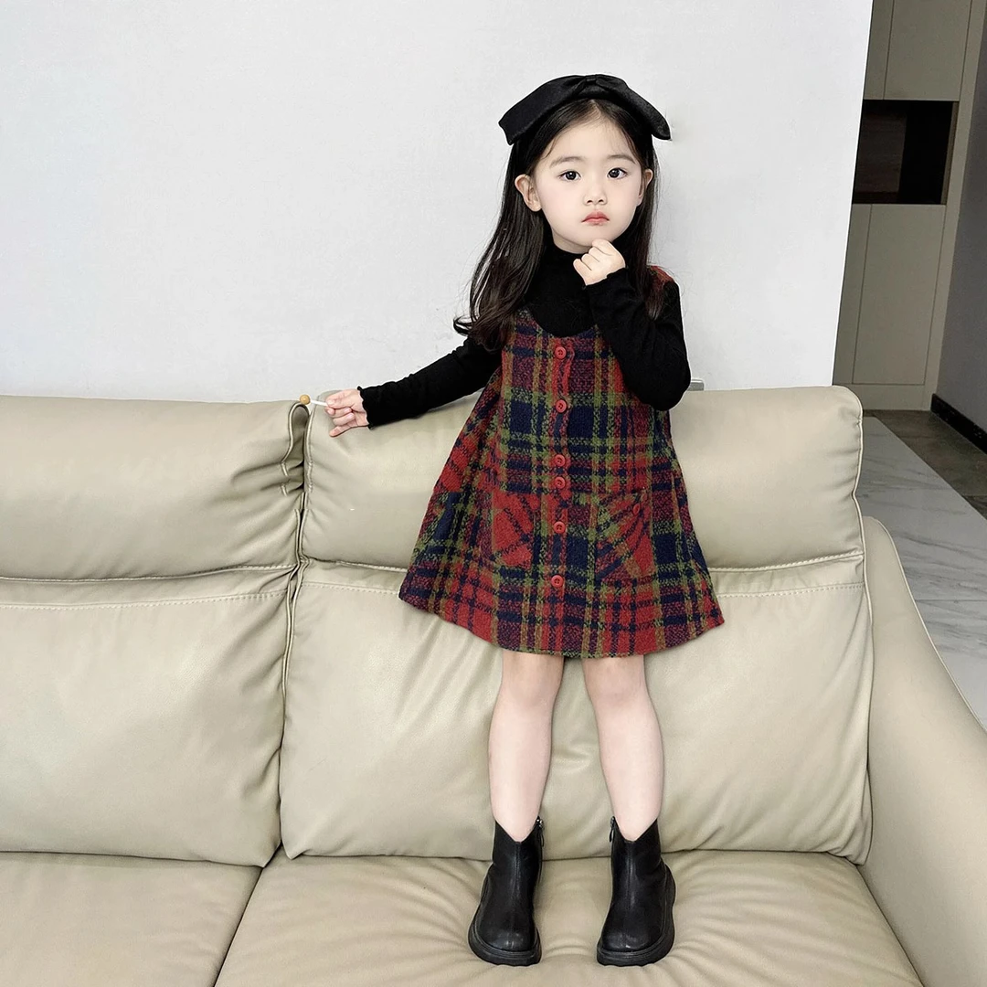 现货）2025早春童装女童格子连衣裙春季洋气儿童红色背心裙马甲裙