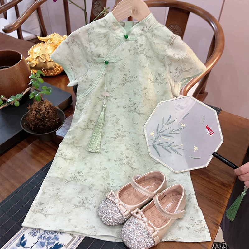 现货）女童夏季中式旗袍裙连衣裙2024新款儿童中国风宝宝碎花裙子