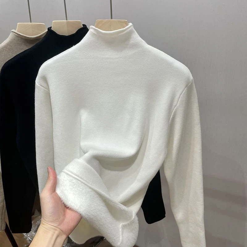 半高领加绒特厚内搭打底衫女秋冬季一体绒针织衫保暖洋气上衣毛衣