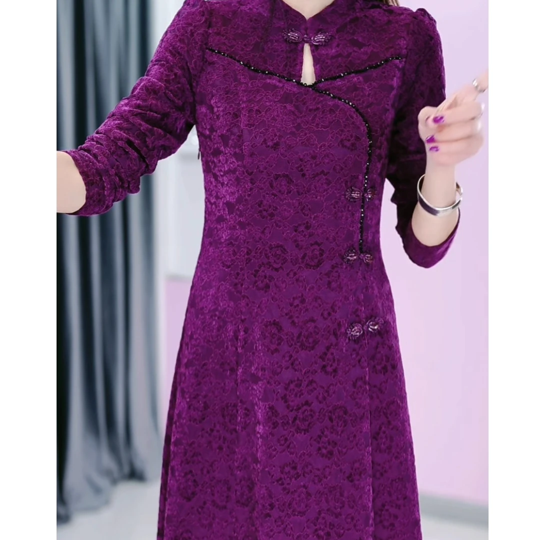 秋冬加绒减龄优雅气质时尚高端收腰中式复古改良旗袍妈妈装连衣裙