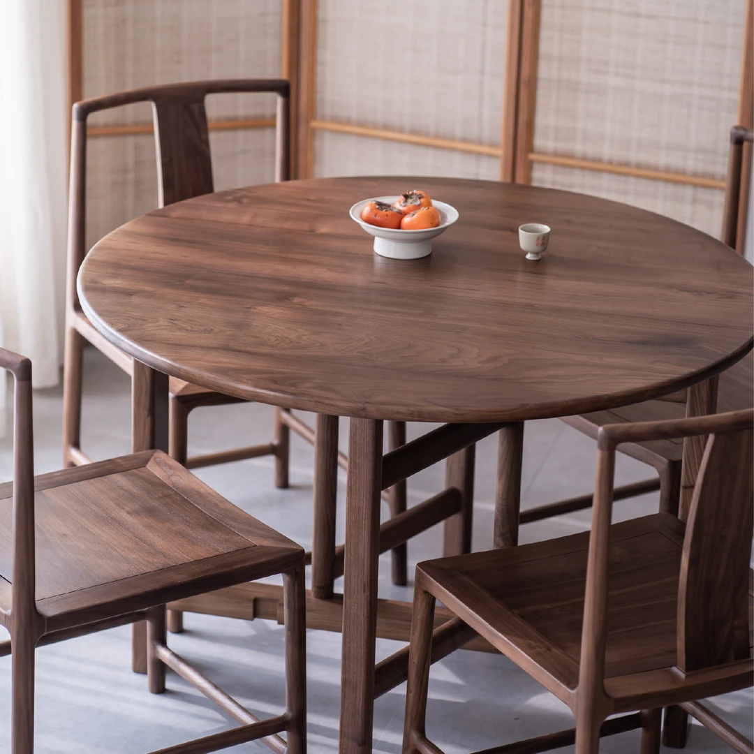 时间连续折叠圆桌新中式黑胡桃木实木小户型饭桌简易茶桌餐桌