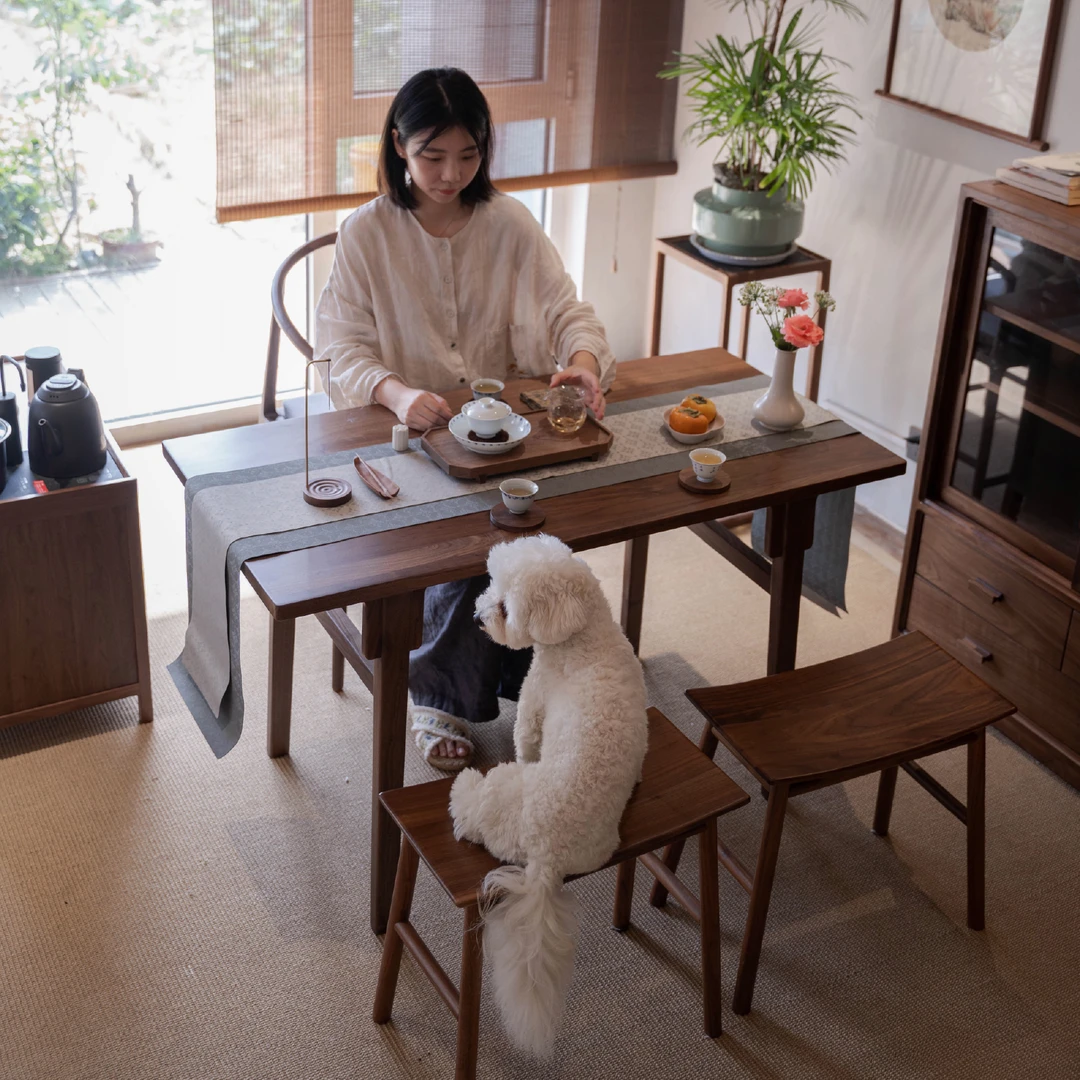 平山茶案小户型阳台茶桌黑胡桃实木茶桌书桌办公桌新中式茶台桌椅