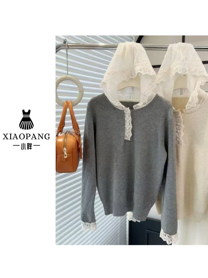 【小胖家】5962纯色蕾丝拼接连帽长袖上衣