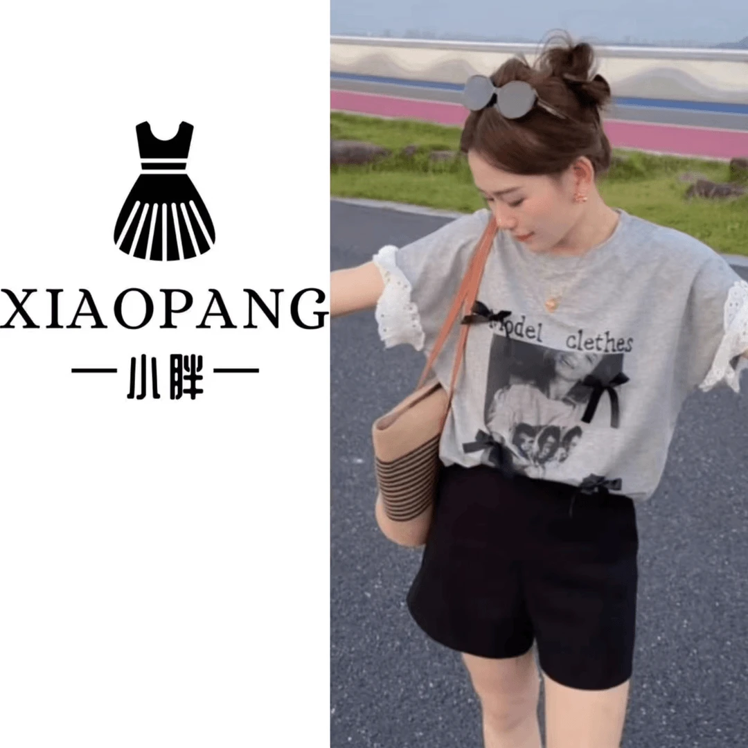 【小胖】6905设计感蝴蝶结拼接蕾丝短袖T恤