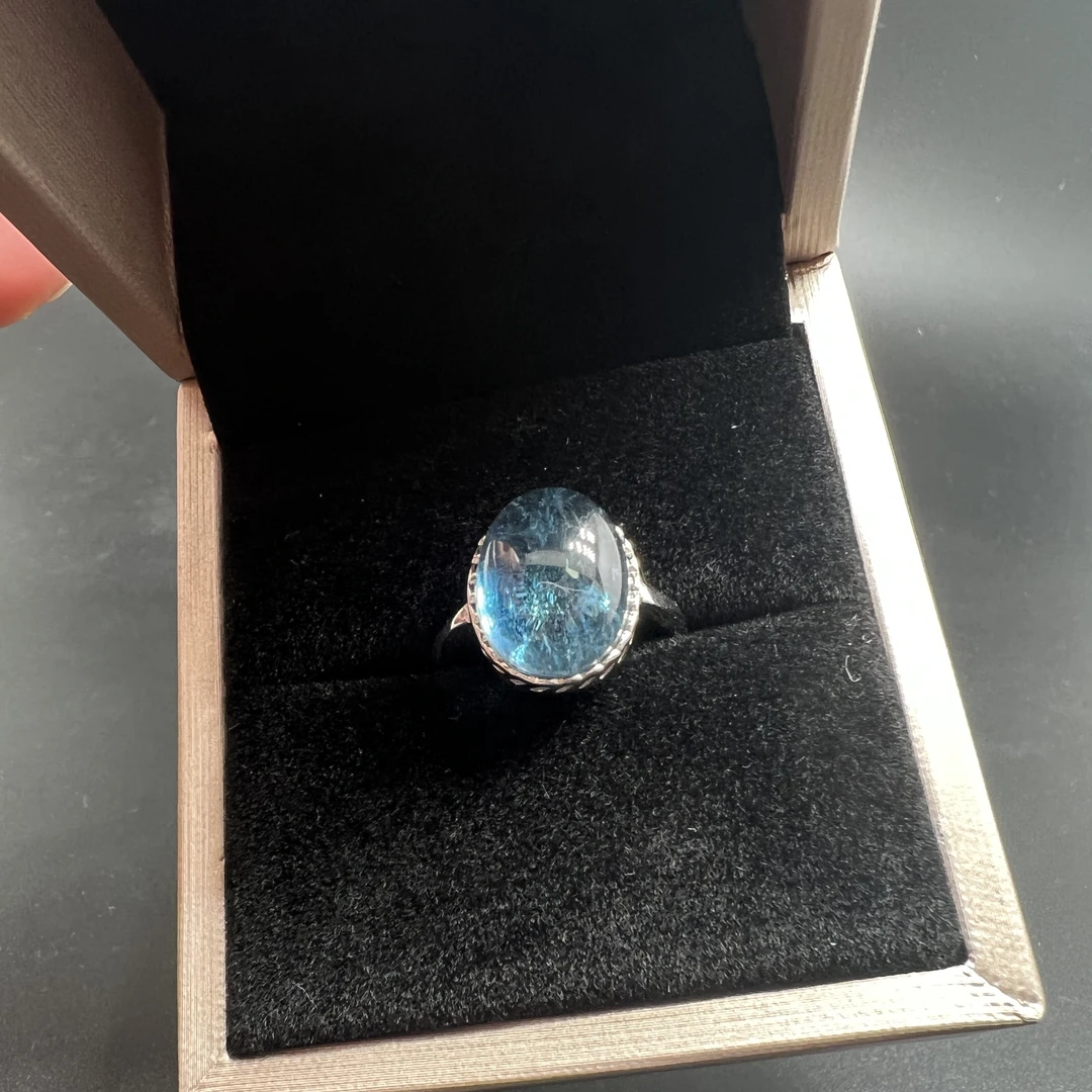 925银戒指 深邃海澜宝魔鬼蓝 喉轮能量疗愈激活 勇气之石疗愈之石