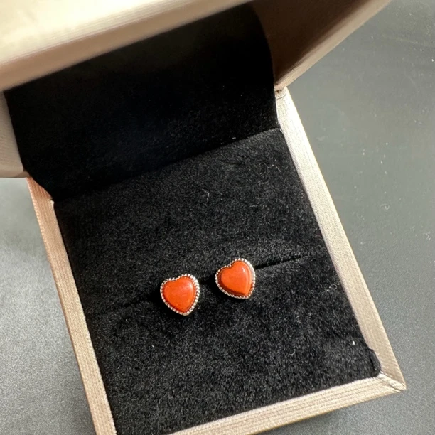 925银耳饰 红色南某红耳钉心形简单大方