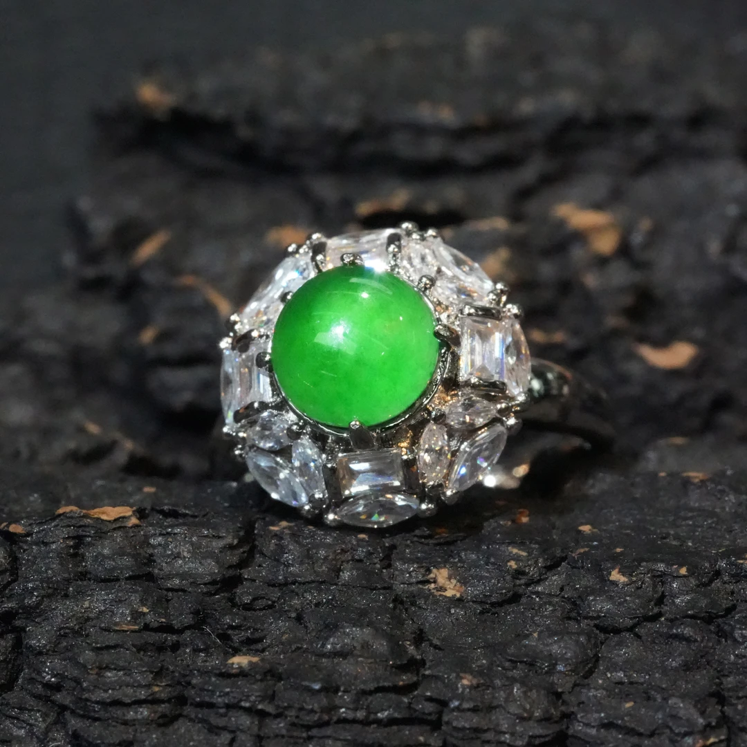 天然翡翠A货豪镶蛋面戒指翡翠戒指(多样性发)开口戒绿色镶嵌豪华