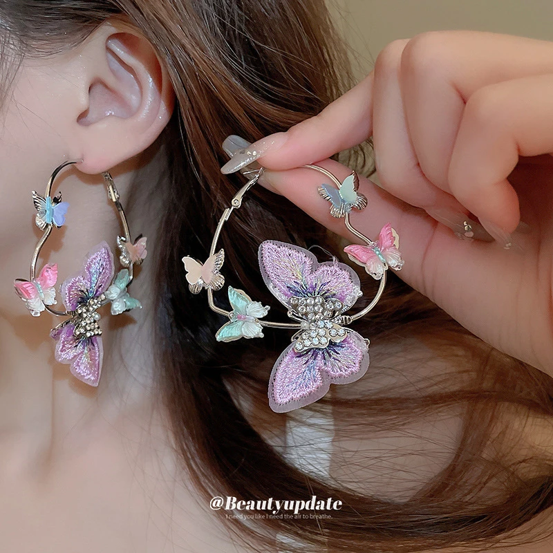 铁合金布艺耳饰 超仙公主风镶钻蝴蝶耳圈时尚轻质高级感新款耳环