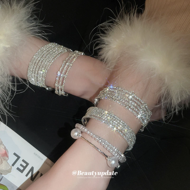 铜合金莫桑石手镯 多层镶钻弹力手镯ins精致时尚手环华丽高级手饰