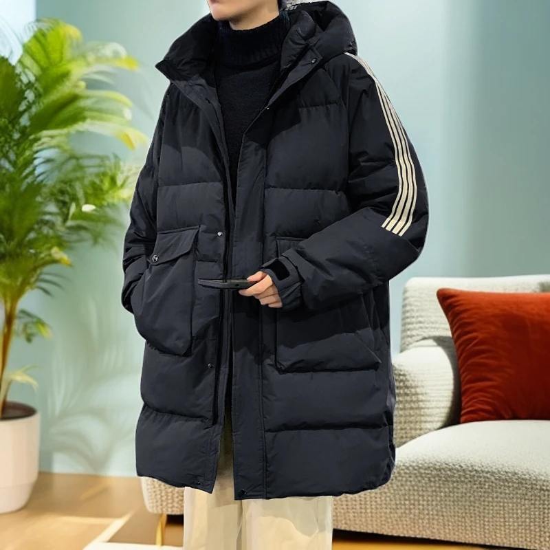 仓石一树中长款潮流男款加厚保暖冬季青年条纹连帽羽绒服外套宽松