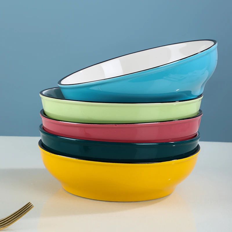 【加深加厚】家用5色加深加厚菜盘子陶瓷碟子饭盘汤盘套装创意ins