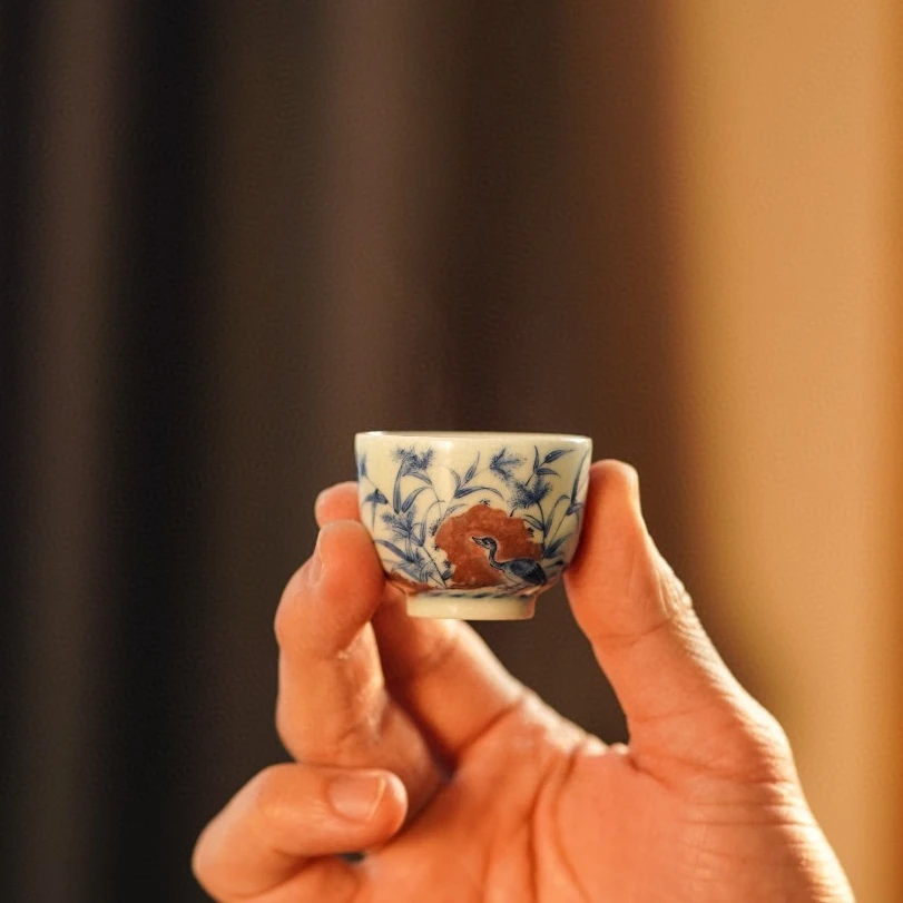 【神工妙造】小愚斋青花釉里红芦雁图小杯 啜茶杯满30ml