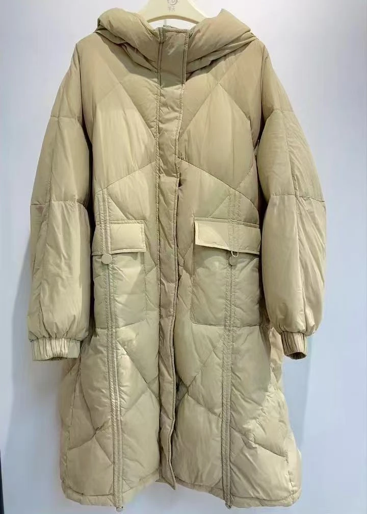 冬季卡其色90绒连帽过膝长款羽绒服