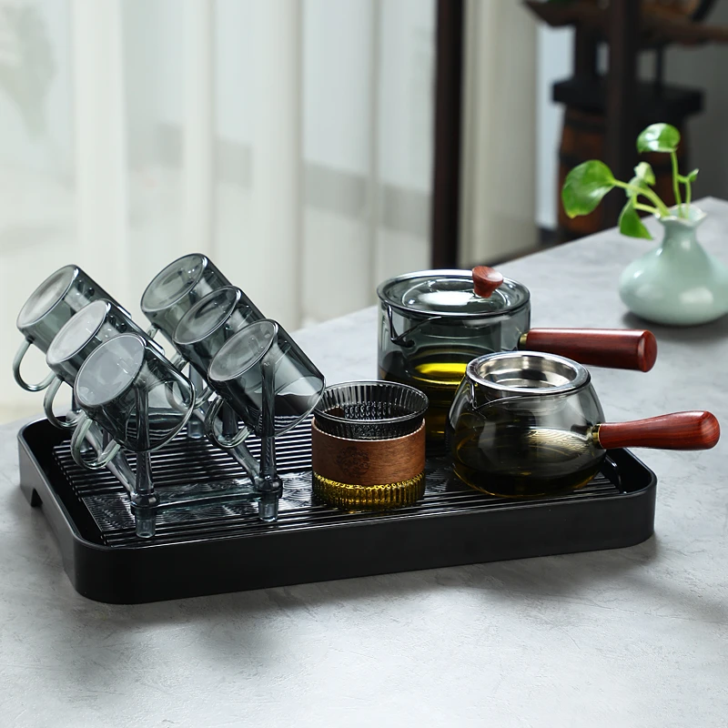玻璃茶具套装灰色侧把壶12件套装耐高温家用防烫容量加厚茶水杯