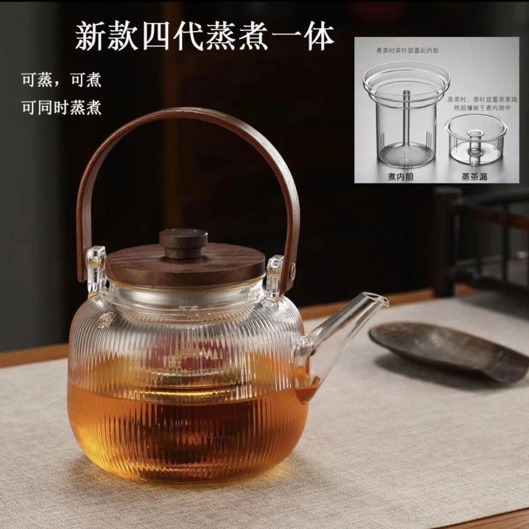 茶壶耐高温家用条纹木盖双内胆加厚高硼硅蒸煮两用提梁壶耐热