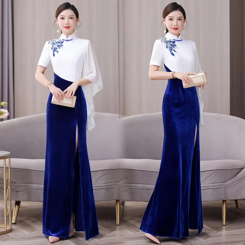 金丝绒旗袍走秀款2024高端大气加长t台演出服年会礼服中国风中式