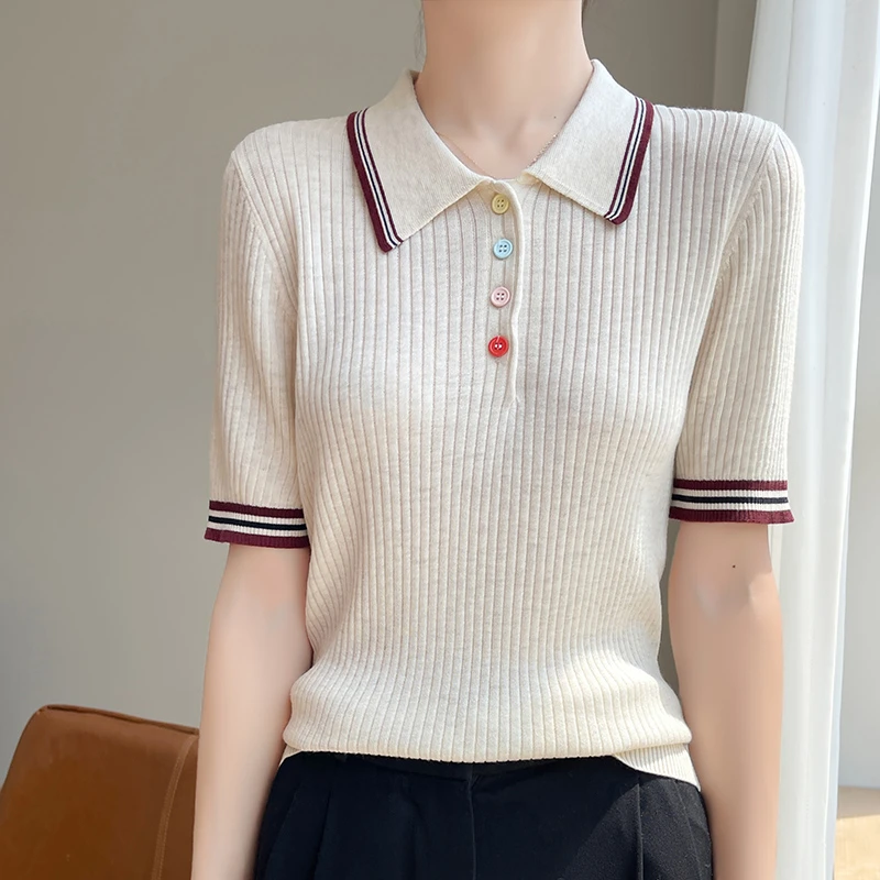 夏季薄款POLO领精纺羊毛针织短袖女坑条拼色半袖T恤宽松打底上衣