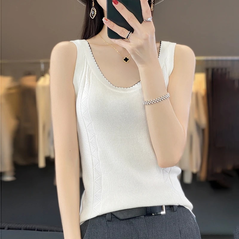 2024春季新款U型领羊毛衫女士修身显瘦内搭针织拼色吊带内衣背心