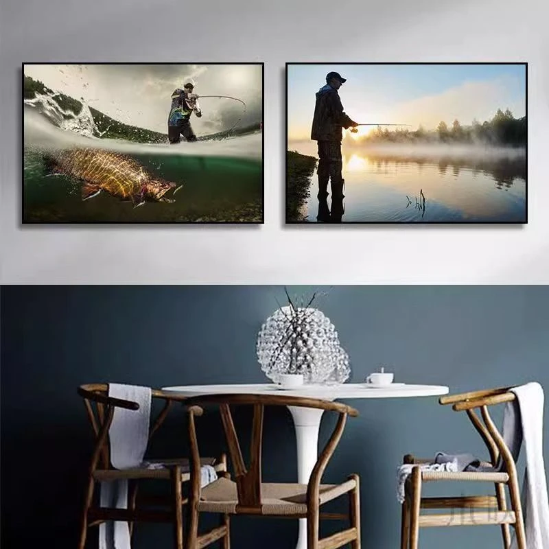 钓鱼装饰画海鲜烧烤店餐厅饭店挂画垂钓路亚海钓挂画渔具店壁画