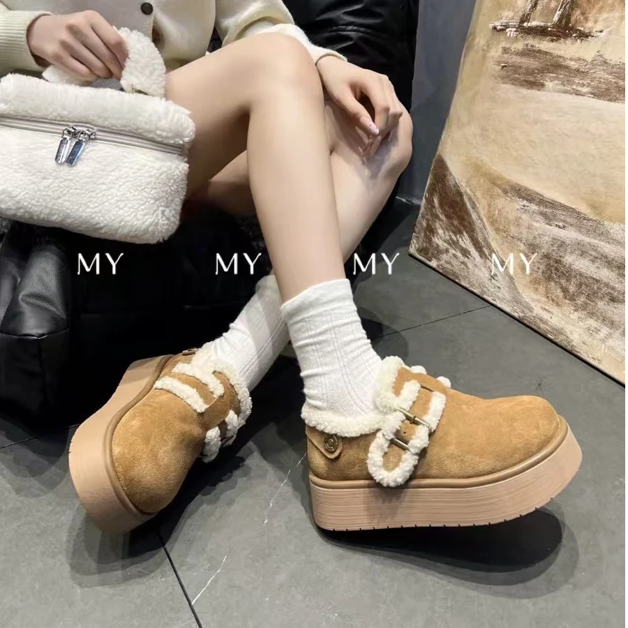 「MY」冬季真皮保暖加绒厚底磨砂金属扣件勃肯鞋休闲鞋