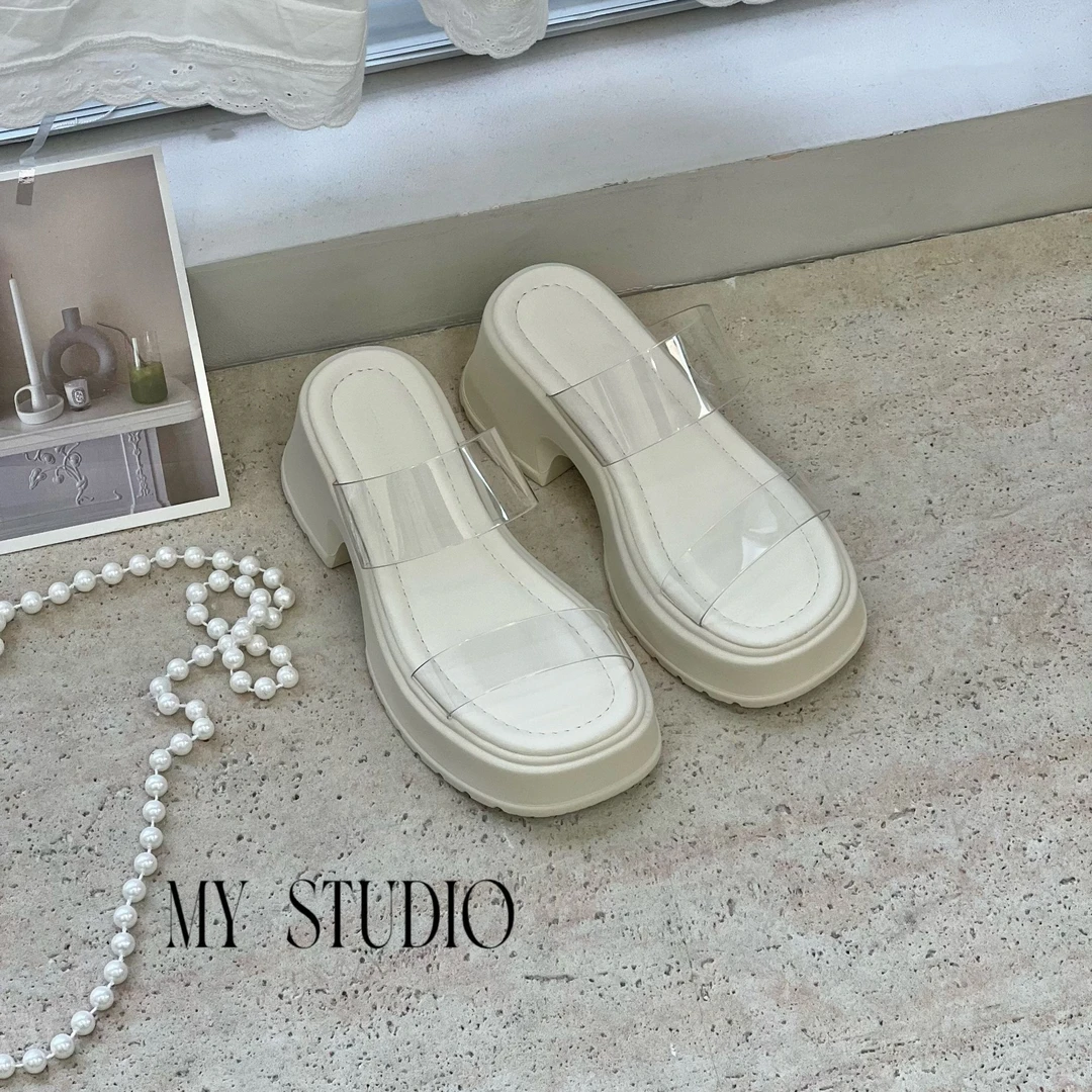 Chihiro专属~度假仙女气质水晶透明高跟休闲鞋凉拖增高6cm