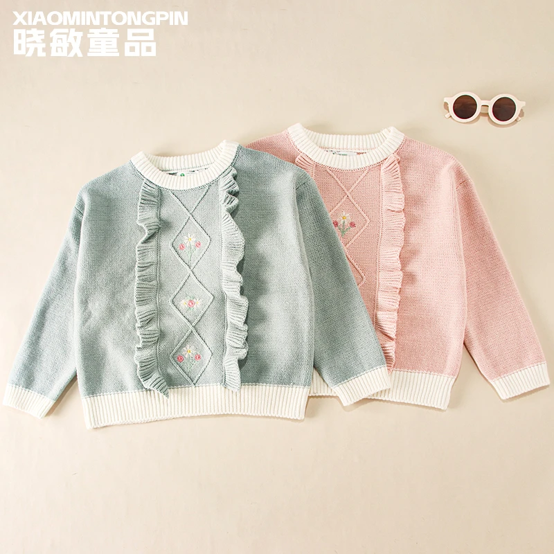 菱形纹荷叶边花朵毛衣3C3186