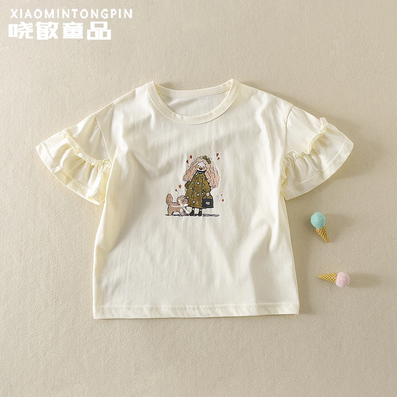 女孩印花花边袖T恤3C2233