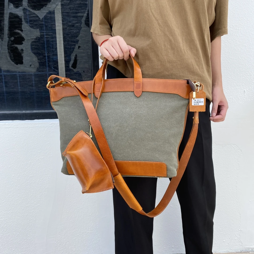 【包尚】时尚休闲百搭复古纯皮植鞣皮牛皮拼帆布5317