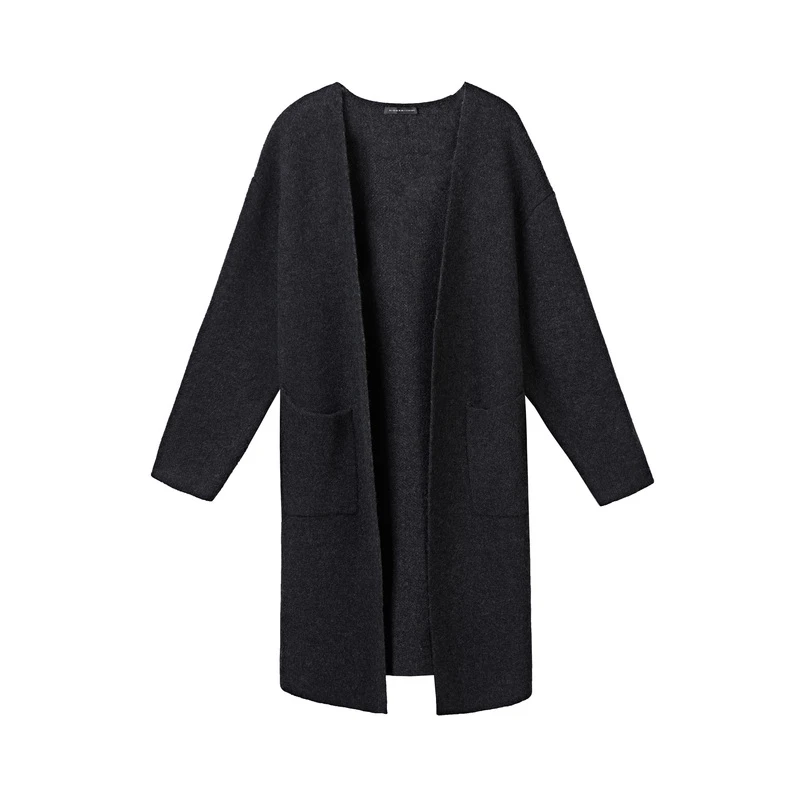 S·DEER圣迪奥女装黑色宽松毛呢休闲中长款纯色针织开衫S20483534