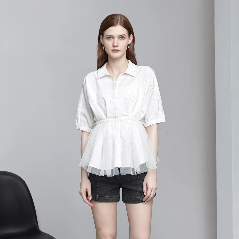 时尚小众气质设计感下摆网纱拼接系带收腰衬衫S222Z0466