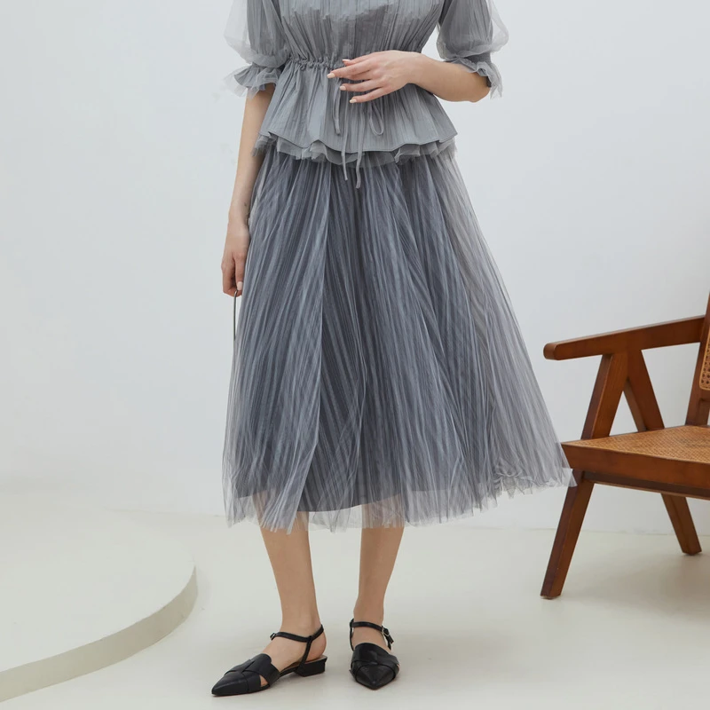 S.DEER圣迪奥新款时尚甜美洋气百搭网纱裙中长款半身裙S231Z1110