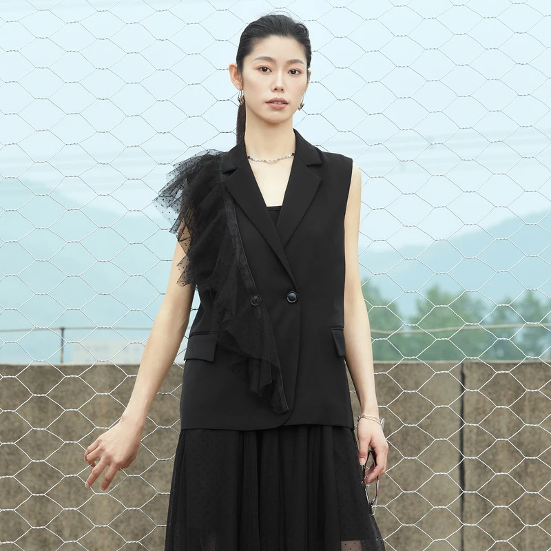 S·DEER圣迪奥遮肉修身夏日秋季网纱百搭气质宽松无袖S222Z1602