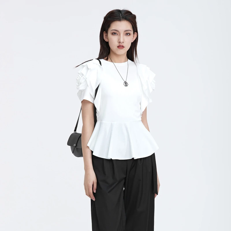 sdeer圣迪奥女装夏季时尚复古圆领堆叠不规则短袖T恤S22280196