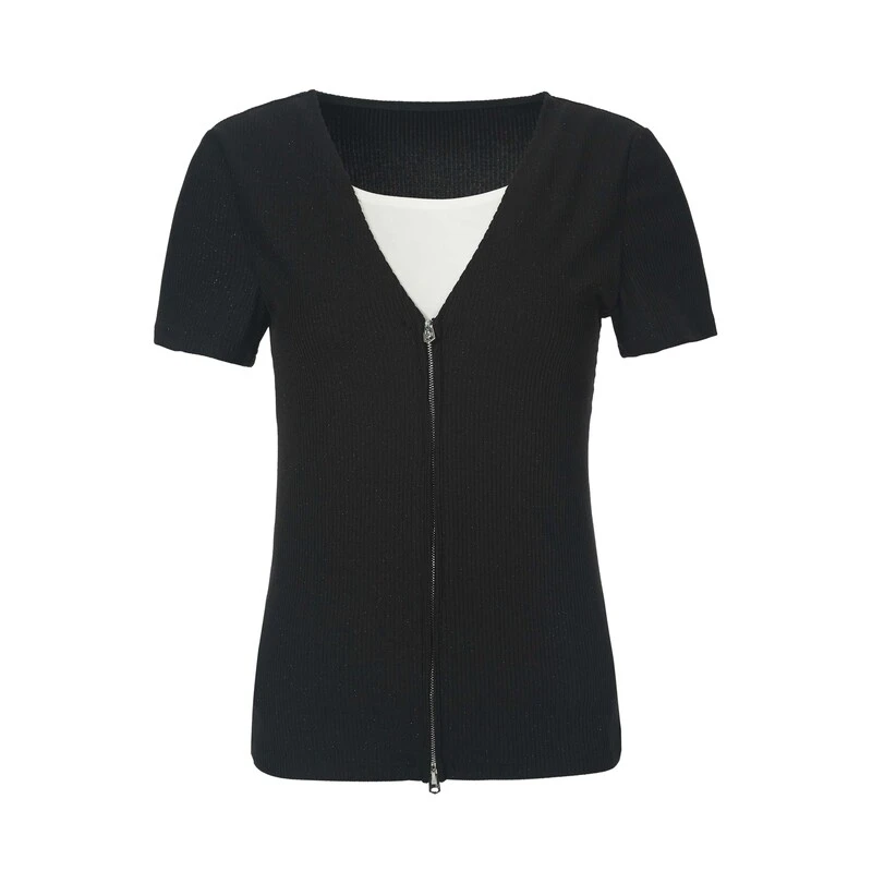 sdeer圣迪奥女装时尚休闲百搭V领撞色拼接修身短袖T恤S23280117