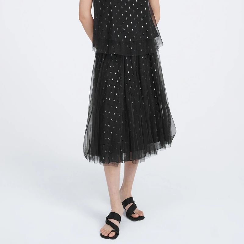 S·DEER圣迪奥女装长款气质复古拼接黑色星星图案纱裙S221Z1120