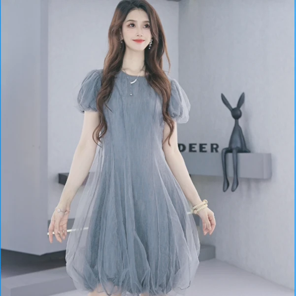 圣迪奥夏季圆领不规则网纱拼接泡泡袖裙子连衣裙S222Z12Q6