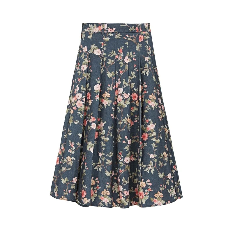 S·DEER圣迪奥百褶显瘦时尚印花复古蓝色碎花女装半身裙S234Z1108