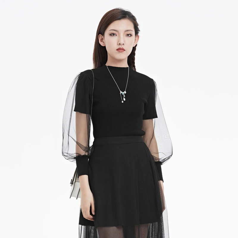 S·DEER圣迪奥女士黑色时尚气质罗纹圆领网纱长袖针织衫S22283507