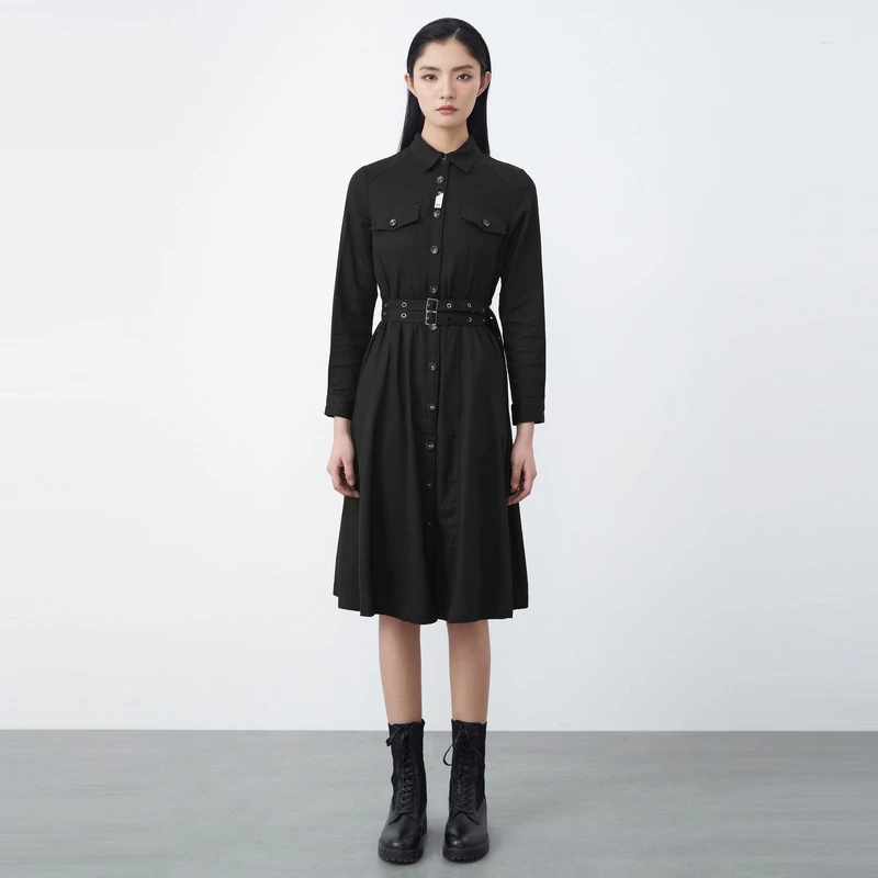 S.DEER圣迪奥女装复古修身梭织收腰撞色字母拼接连衣裙S21481208